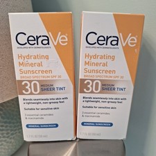 2 CERAVE HYDRATING MINERAL SUNSCREEN SPF 30 MEDIUM SHEER TINT 1.7 OZ NEW 12/2026