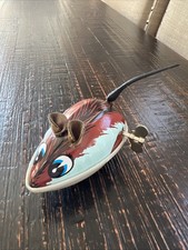 Vintage Wind Up Toy Mouse On Wheels/Spinning Tail Tin Mechanical Animal