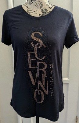 Scervino Street Women s Dark Blue Rhinestone Logo T-Shirt Size Small