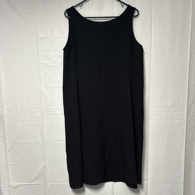 Eileen Fisher Black 100% Silk Midi Dress Size L Sleeveless Tank Minimalist Basic