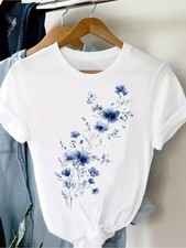 Women Floral Graphic T-Shirt Cute Flower Casual Crew Neck Short Sleeve Tee Top