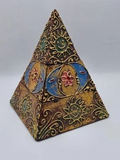 Vtg Wood Pyramid Trinket Jewelry Box Hand Painted Scrollwork Floral Sun Motif