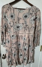 Entro Floral Crochet Trim A-Line Dress Pink 3/4 Sleeve Round Neck Size L
