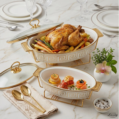2-teiliges Keramik Chafing Dish Set 13'' 15'' Weißgold griechischer Schlüssel Buffet Speisenwärmer Deckel