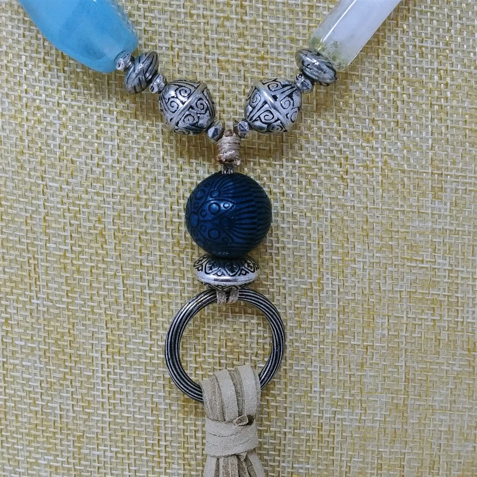 Collar Chico's con Borla Tono Plata Cuentas Azul Piedras Transparentes 28-32" Foto 3 de 4