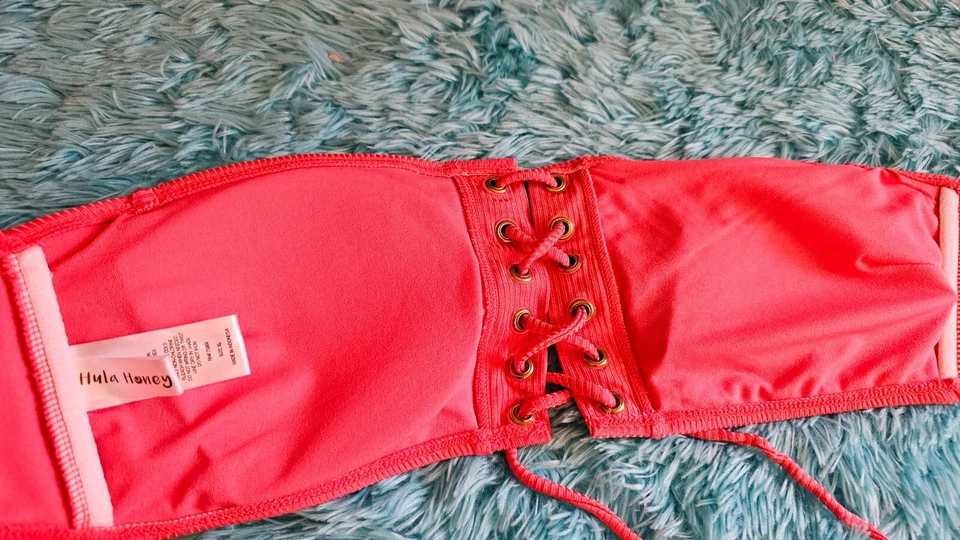 Top de bikini Hula Honey para mujer de nailon acanalado con cordones bandeau talla XL Foto 4 de 4