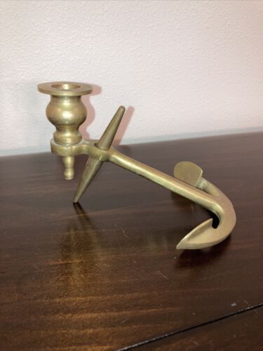 Vintage Solid Brass Anchor Nautical Candle Stick Holder W/ New Candle - Afbeelding 1 van 4