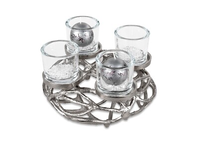Adventskranz D. 30cm Alu-silber in geflochtener Optik mit klaren Glasaufsätzen