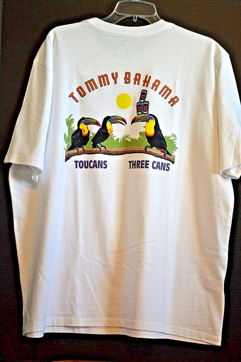 Tommy Bahama T-Shirt Size XXL White Cotton Knit Tropical Toucans Three Cans Beer