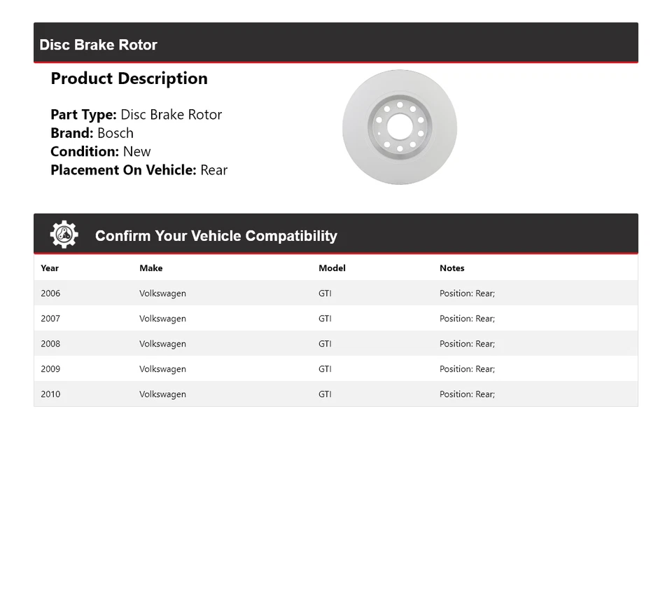 Rotor de freno de disco trasero QuietCast 2007 2008 para Volkswagen GTI Bosch 2006-2010 Foto 2 de 4