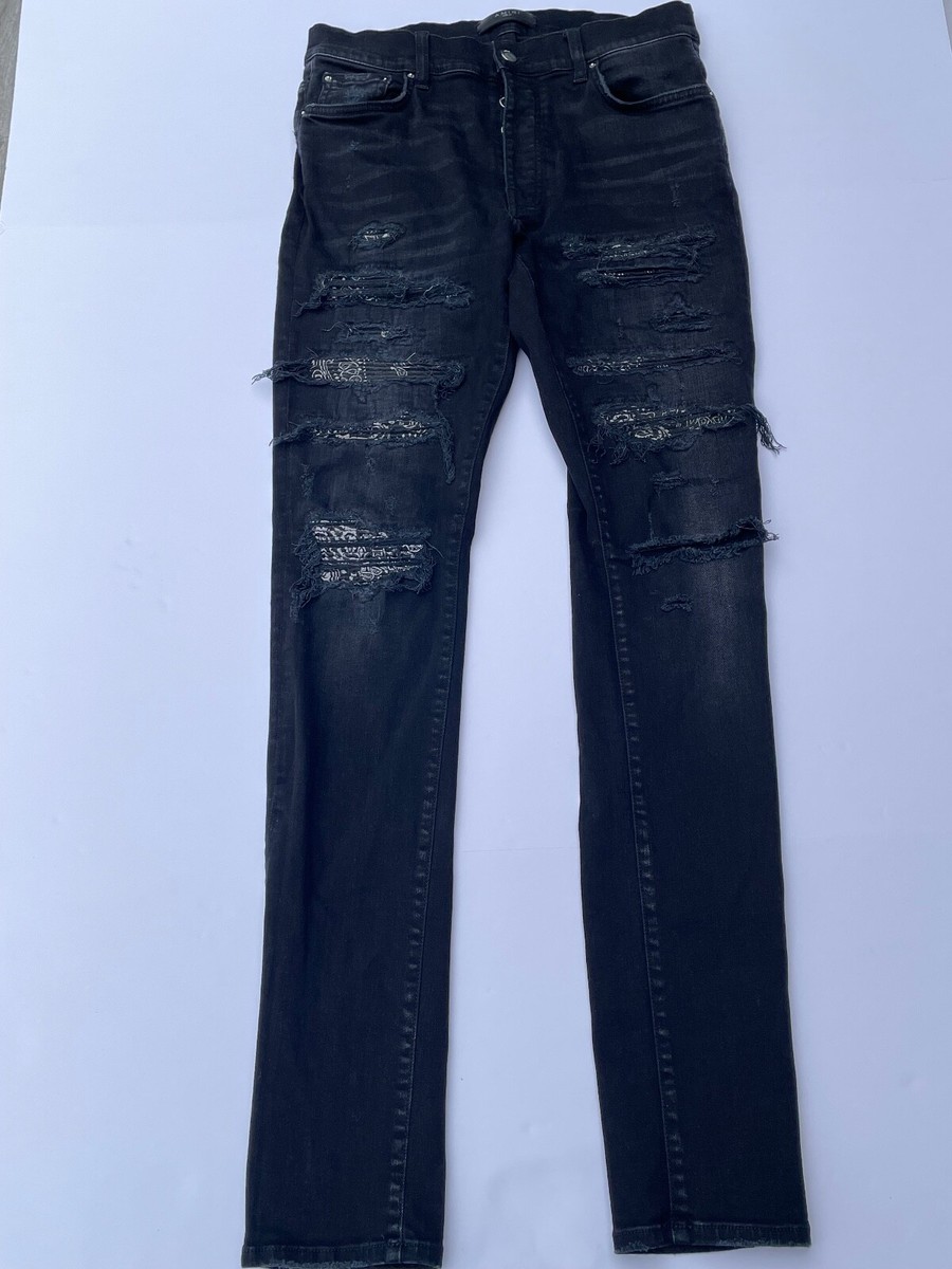 AMIRI TRASHED JEANS-BLACK DISTRESSED BANDANA PATCH-BUTTON FLY MEN'S SIZE  31X34