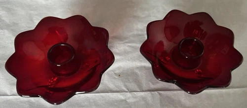 Pair of Vintage Fenton Scalloped Royal Ruby Red Glass Flared Lotus Candleholder