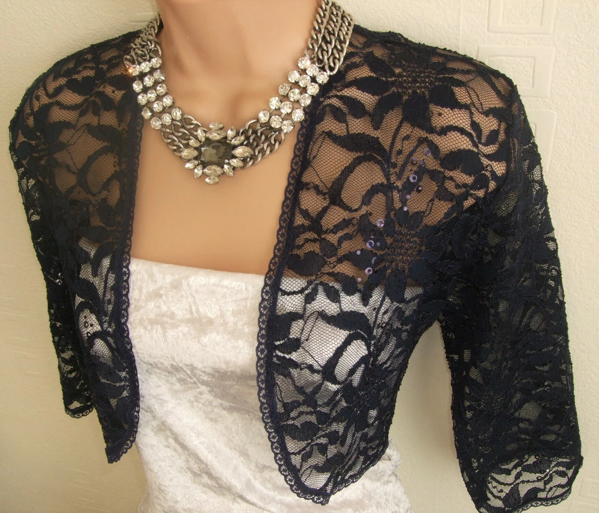 GLITZY NAVY BLUE SEQUINNED LACE SHRUG BOLERO SIZES 10 TO 24 eBay