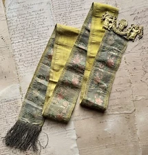 Fine Antique Silk Brocade Ribbon w/ Ormolu Applique French 18th C to Empire