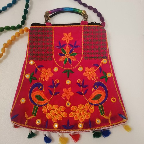 Embroidered Peacock Fabric Crossbody Bag with Zipper From India Boho Hippie New - Picture 7 of 8