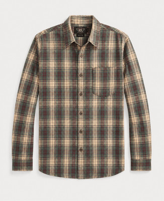 RRL Double RL Plaid Cotton Button Down Shirt | Vintage Wash Cream Green Burgundy