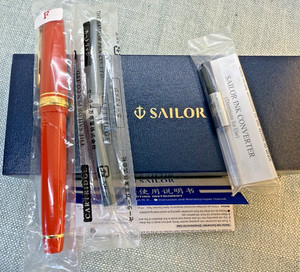 Sailor Professional Gear Slim Red Gold Trim Fine Nib NOS Fountain Pen Converter