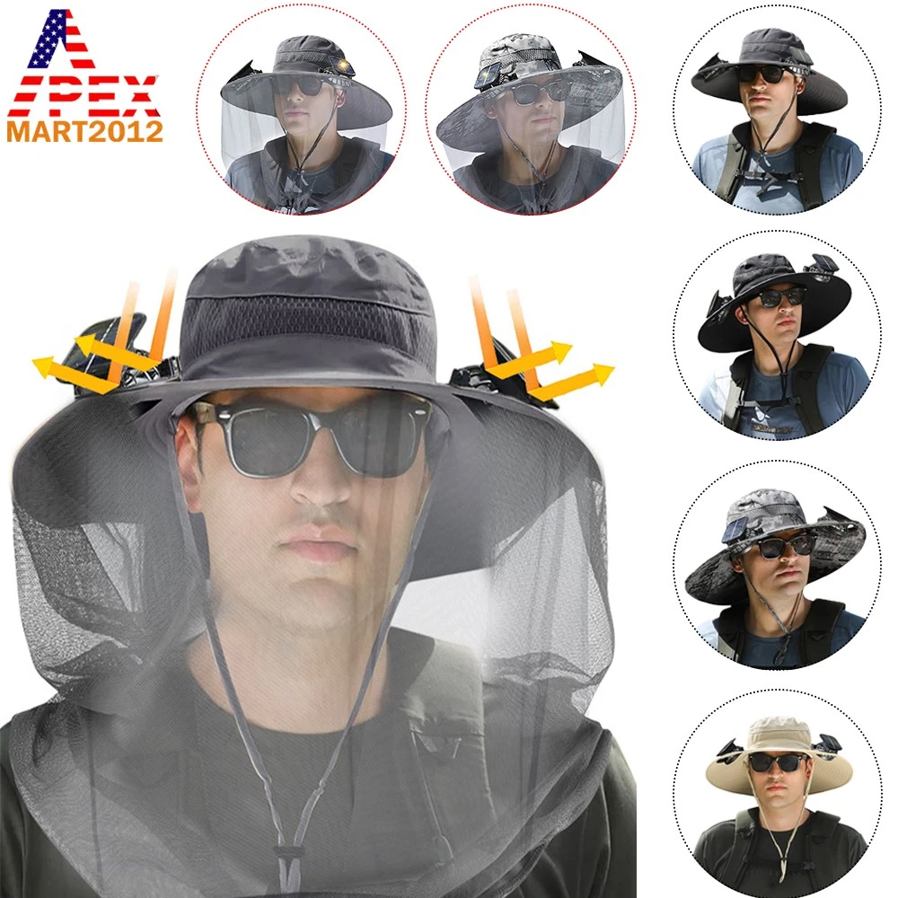 Solar Fan Hat Wide Brim Outdoor Bucket Fishing Sun Cap Rechargeable With 2 Fans
