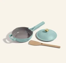 Our Place 8.5" Mint Blue Ceramic Nonstick Mini Always Pan 1.2 QT Wooden Spoon