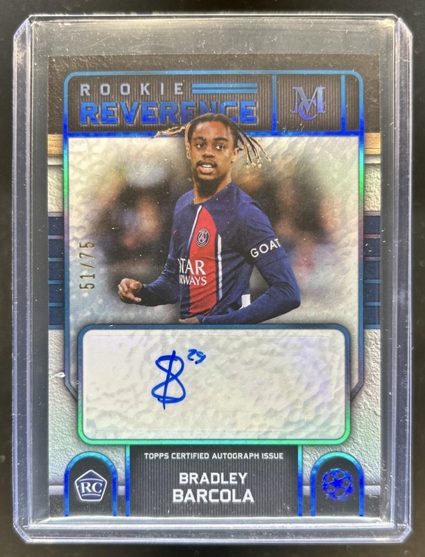 2023-24 Topps Museum UEFA Bradley Barcola Rookie Reverence Auto Sapphire RC #/75