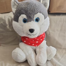 Husky type Dog Stuffed Animal Plush Gray White Red Scarf Medium 319003B
