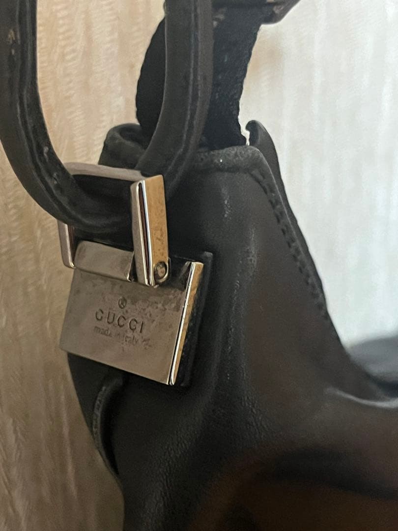 GUCCI Handbag Leather Black Gold Hardware Zip Closure Vintage Logo From Japan thumbnail 8