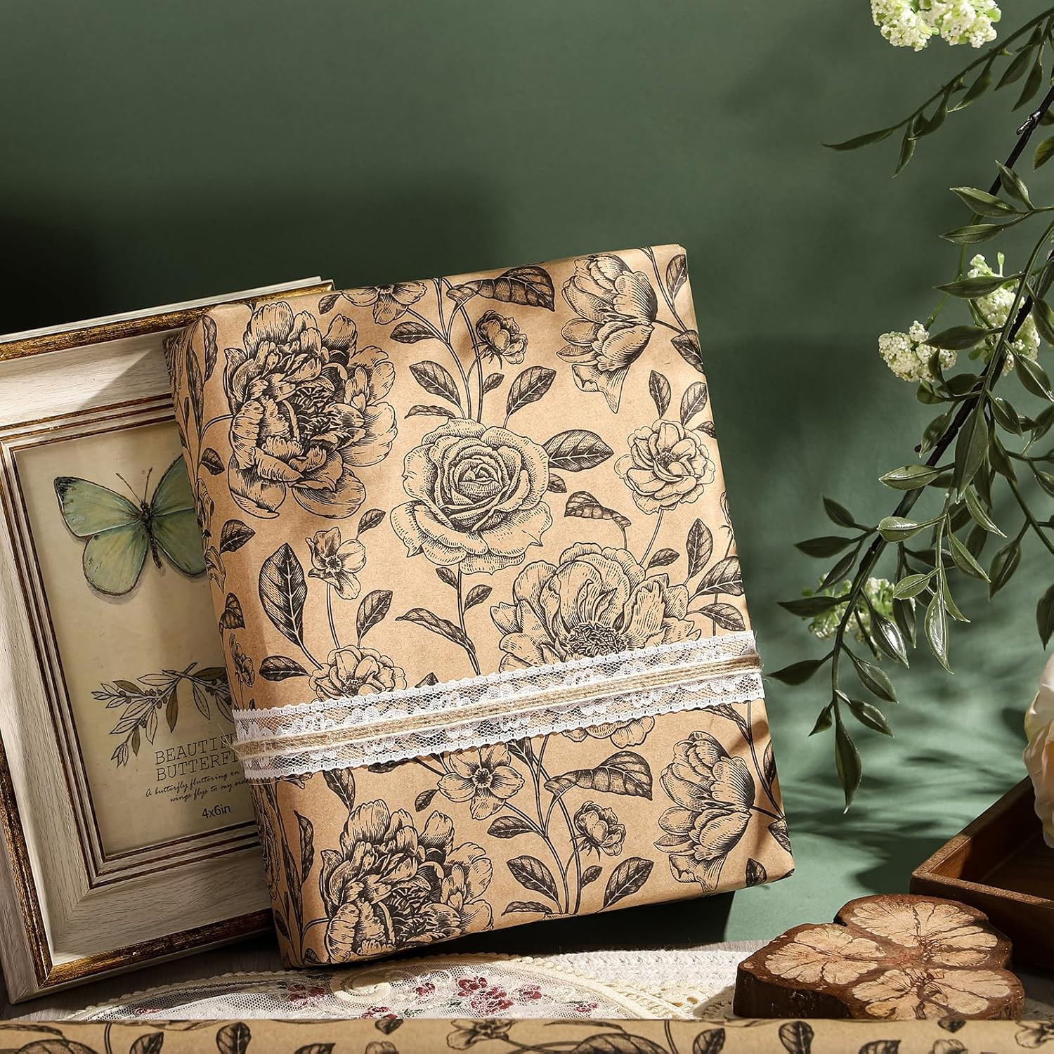 Kraft Floral Wrapping Paper Roll - Mini Roll - 17 Inch x 33 Feet - Vintage Black