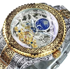 Luxus Herren Automatikuhr Goldene Mechanische Uhr Edelstahl Skeleton Armbanduhr