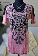 USA New VOCAL Womens CRYSTAL CORAL FLEUR DE LIS LACE TIE DYE SHIRT S M L XL Y2K