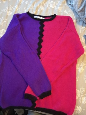 Rafaella Purple Pink Black Angora Lambswool Knit Colorblock Pullover Sweater L