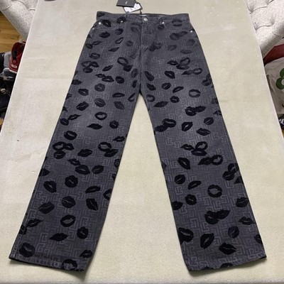 Balmain Monogram Flock Kiss Jeans Mens 33x32 Black Loose Straight Denim Pants