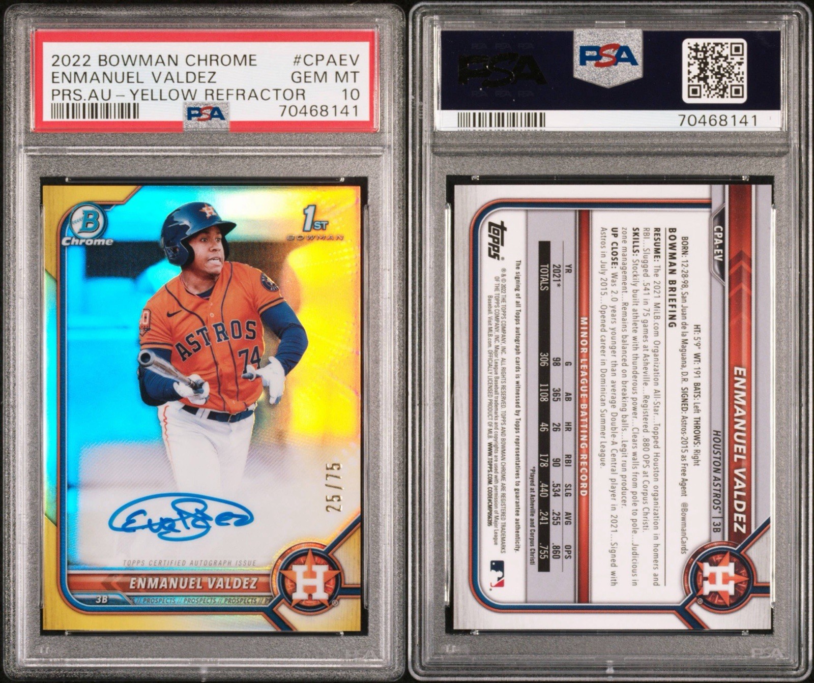 2022 Bowman Chrome Enmanuel Valdez Yellow RC Auto PSA 10 Pirates view 3