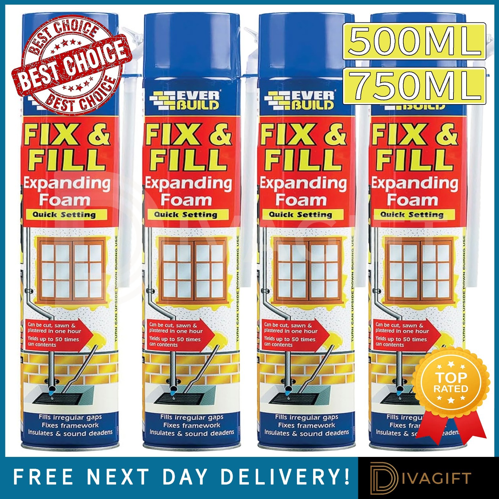 EVERBUILD FIX & FILL EXPANDING FOAM FILLER QUICK SETTING FILLS GAPS 500ML 750ML