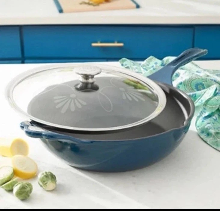 Princess House MI COCINA 11" SKILLET FRYING PAN CAST IRON w/LID BLUE ENAMEL NEW!