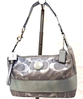 バッグ Coach Signature 2way Shoulder Bag Gray COACH Signature Jacquard Grey Stripe Single Strap Hobo Shoulder