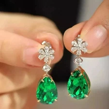 Lab Created Emerald 3Ct Pear Cut Drop Dangle Earring 14K Two Tone Gold Plated