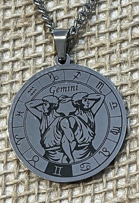 ZODIAC SIGN GEMINI Pendant Charm / STAINLESS STEEL ROPE CHAIN NECKLACE