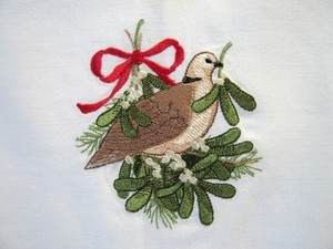 Charming Christmas Linen Guest Hand Towel Embroidered Partridge in Mistletoe