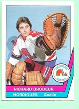 (1) RICHARD BRODEUR  1977-78 O-PEE-CHEE WHA # 38 NORDIQUES GOALIE NM (N2253)