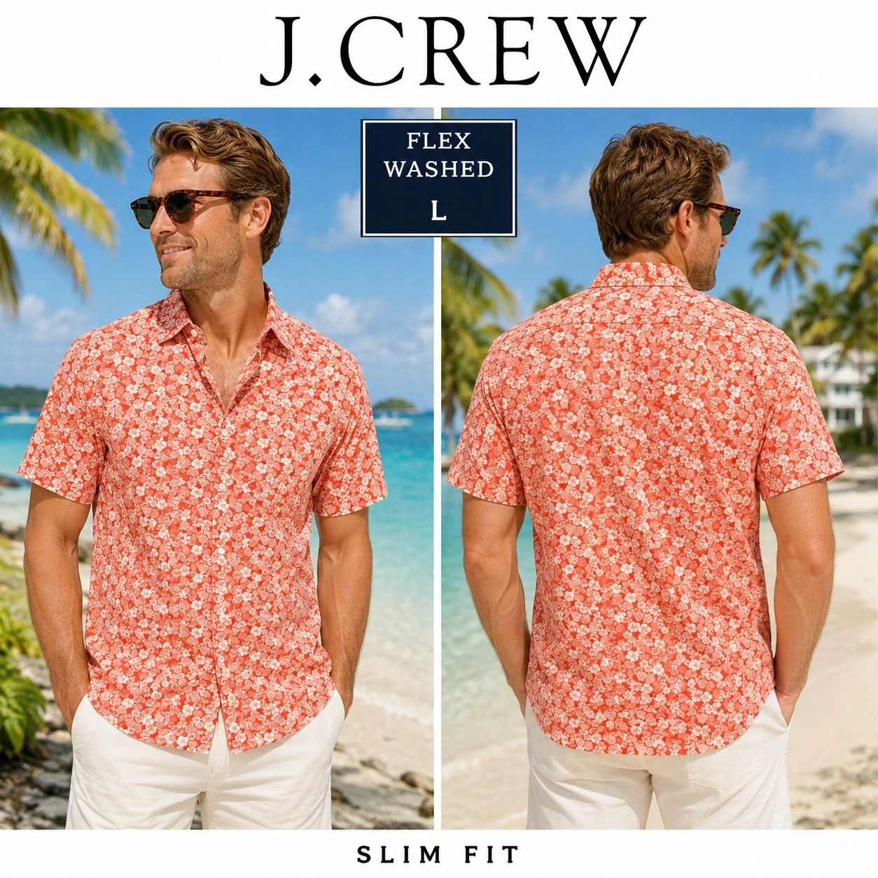 J.Crew Flex Washed Slim Fit Floral Hibiscus Shirt Orange AU535 Mens Large L