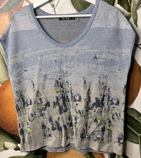 Nic + Zoe PM Petite Medium Linen Blend Blue Scoop Neck Knit Top