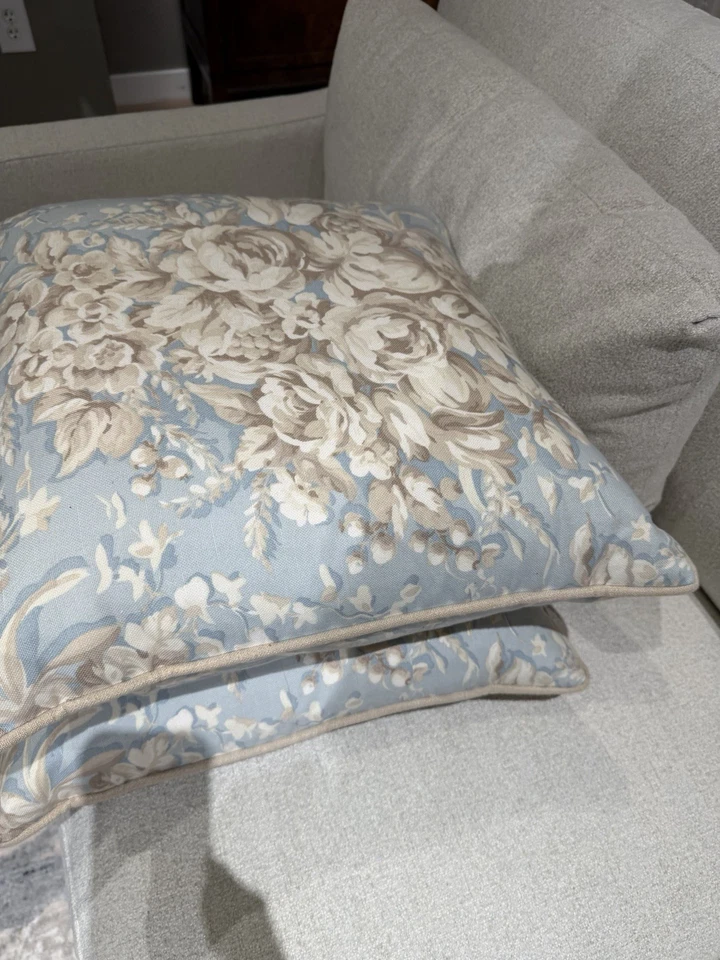 CUSTOM ETHAN ALLEN Pillows Designer Fabric Floral Blue Coastal - Image 2 of 2