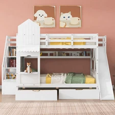 Castle Style Bunk Bed with Drawers, Shelves, Slide and Storage Stairway Wood Bed