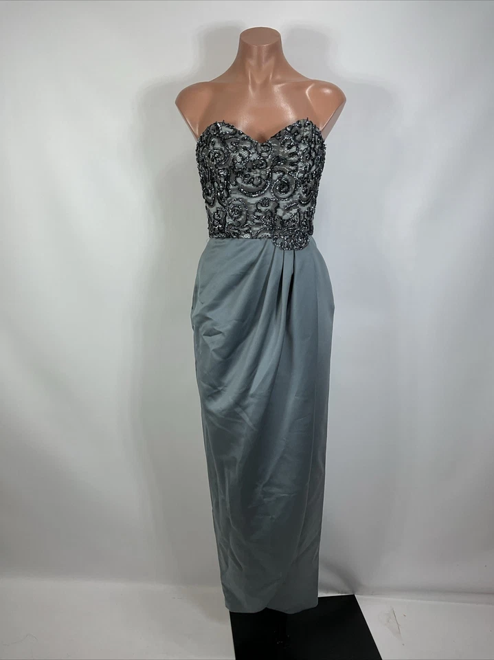 Vintage 80s Victor Costa Gray Satin Lace Embellished Strapless Evening Gown 2 - Image 3 of 4