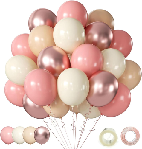 Retro Blush Pink Party Balloons, 60Pcs 12Inch Dusty Pink Metallic Chrome Rose Go