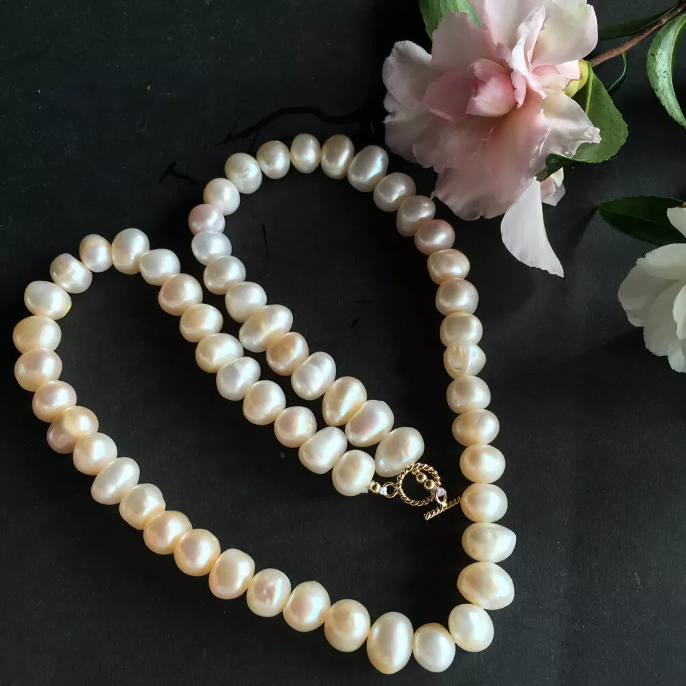 Great value natural AAA Freshwater 10 12mm Baroque white pearl necklace 46cm