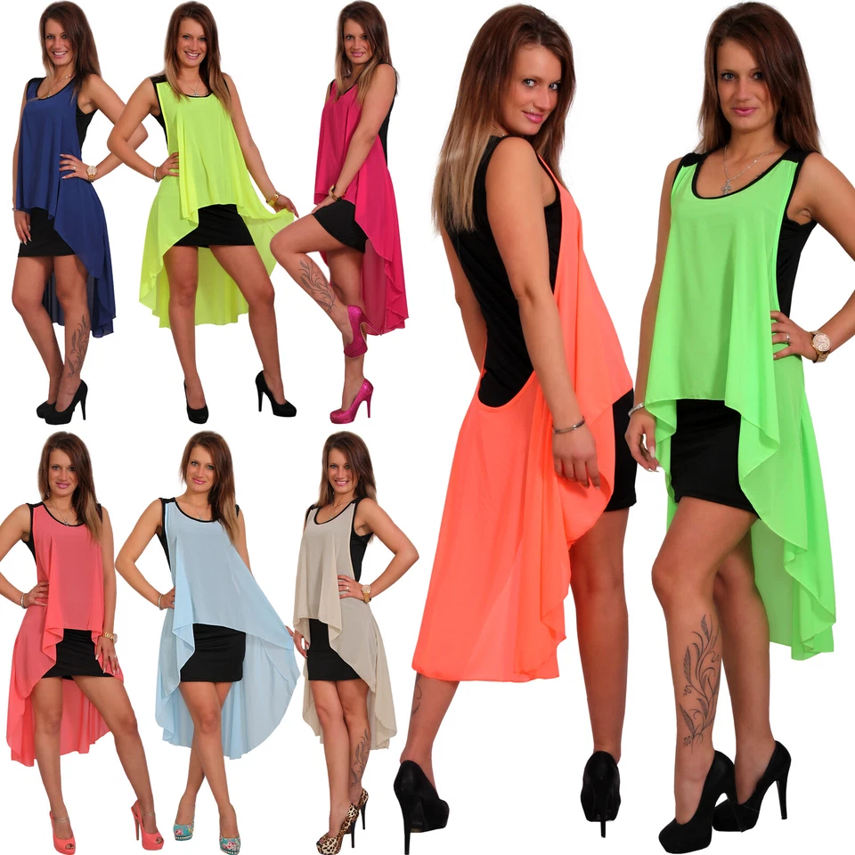 Kleid Mini Vokuhila Minikleid Chiffon Neon Urlaub Strand Sommer Volant Party - Bild 1 von 1
