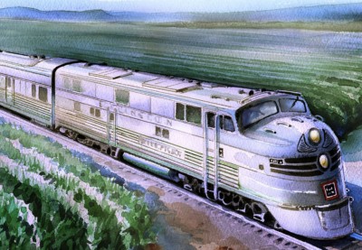 Nebraska Zephyr Silver Pilot, IL Railway Museum. James Mann Train Art Notecards