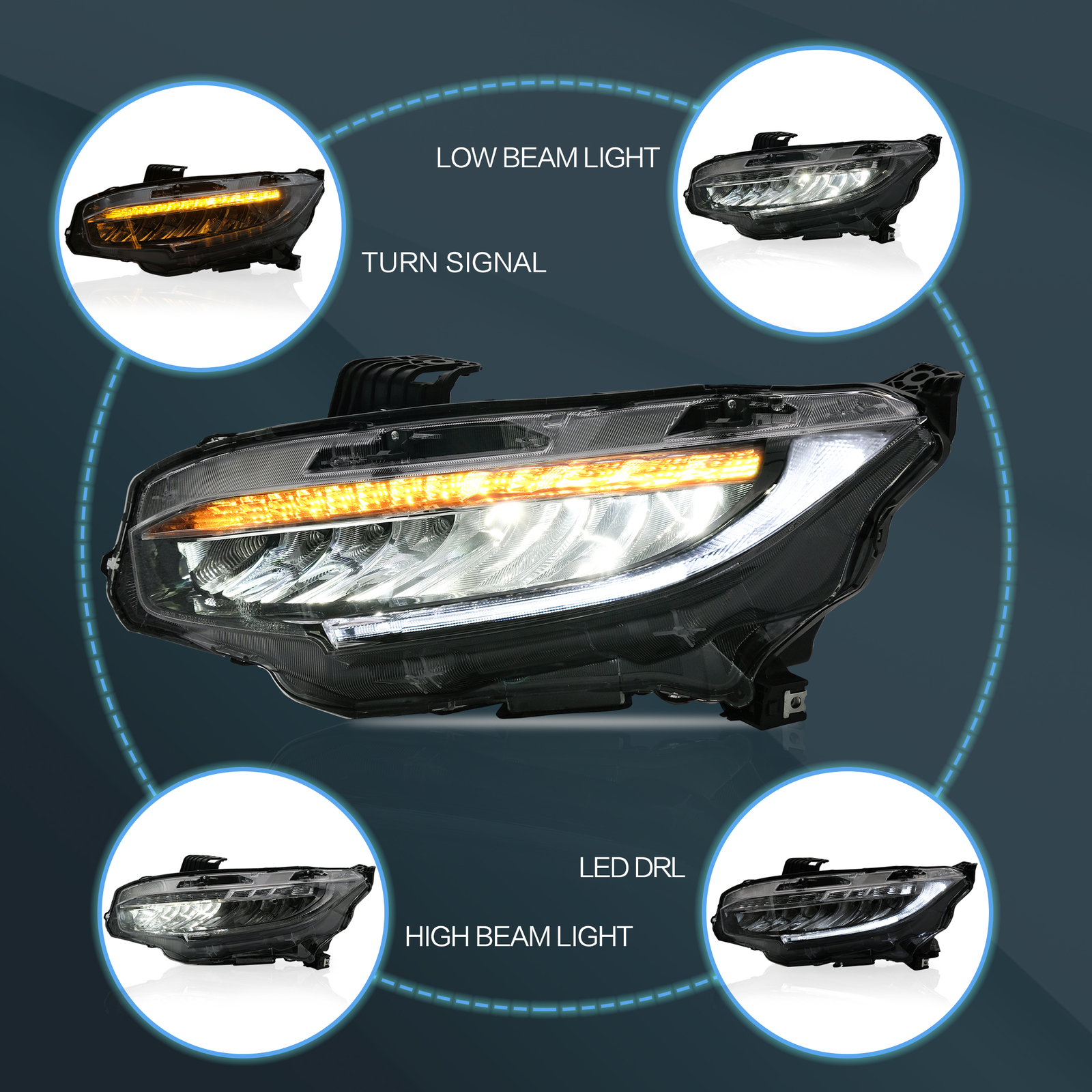 Phares LED VLAND pour Civic 10Gen avec clignotant dynamique fluide