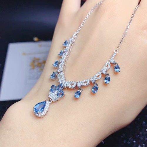 New Luxury Girl Jewelry Gifts Blue Topaz Gemstone Silver Women Necklaces 18'' - Picture 4 of 6